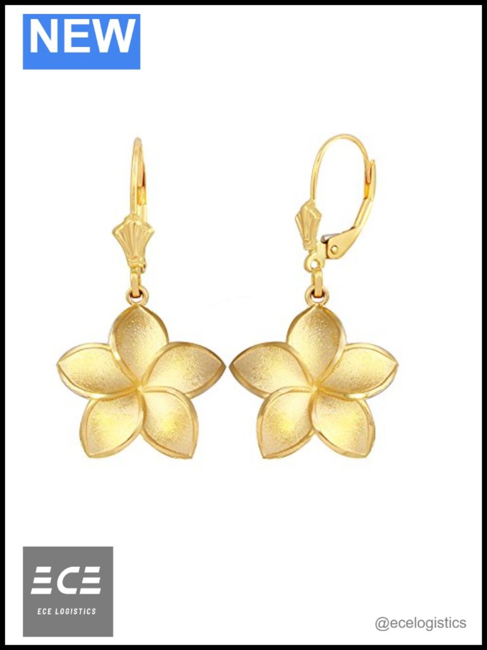 14K Gold Hawaiian Plumeria Dangle Earrings Leverback Women